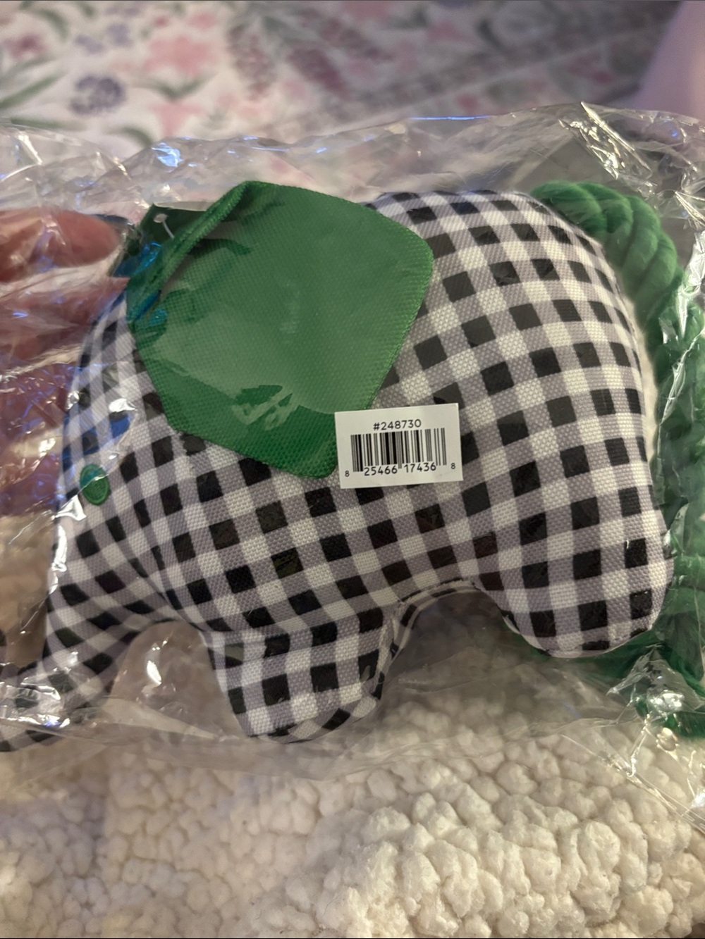 kate spade Black & White Gingham Plush Elephant with Green Accents